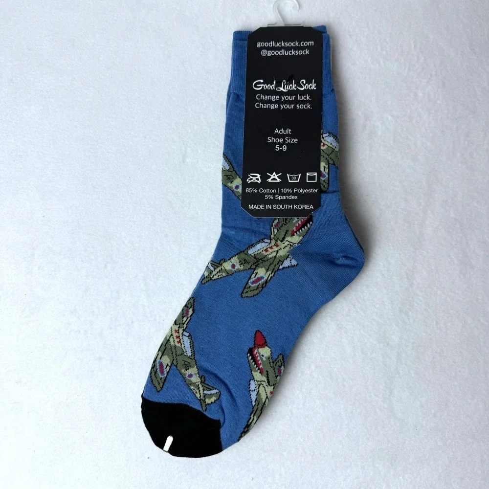 New Good Luck Fighter‎ Jet Socks Adult Shoe Size 5-9 Airplanes Crew Blue